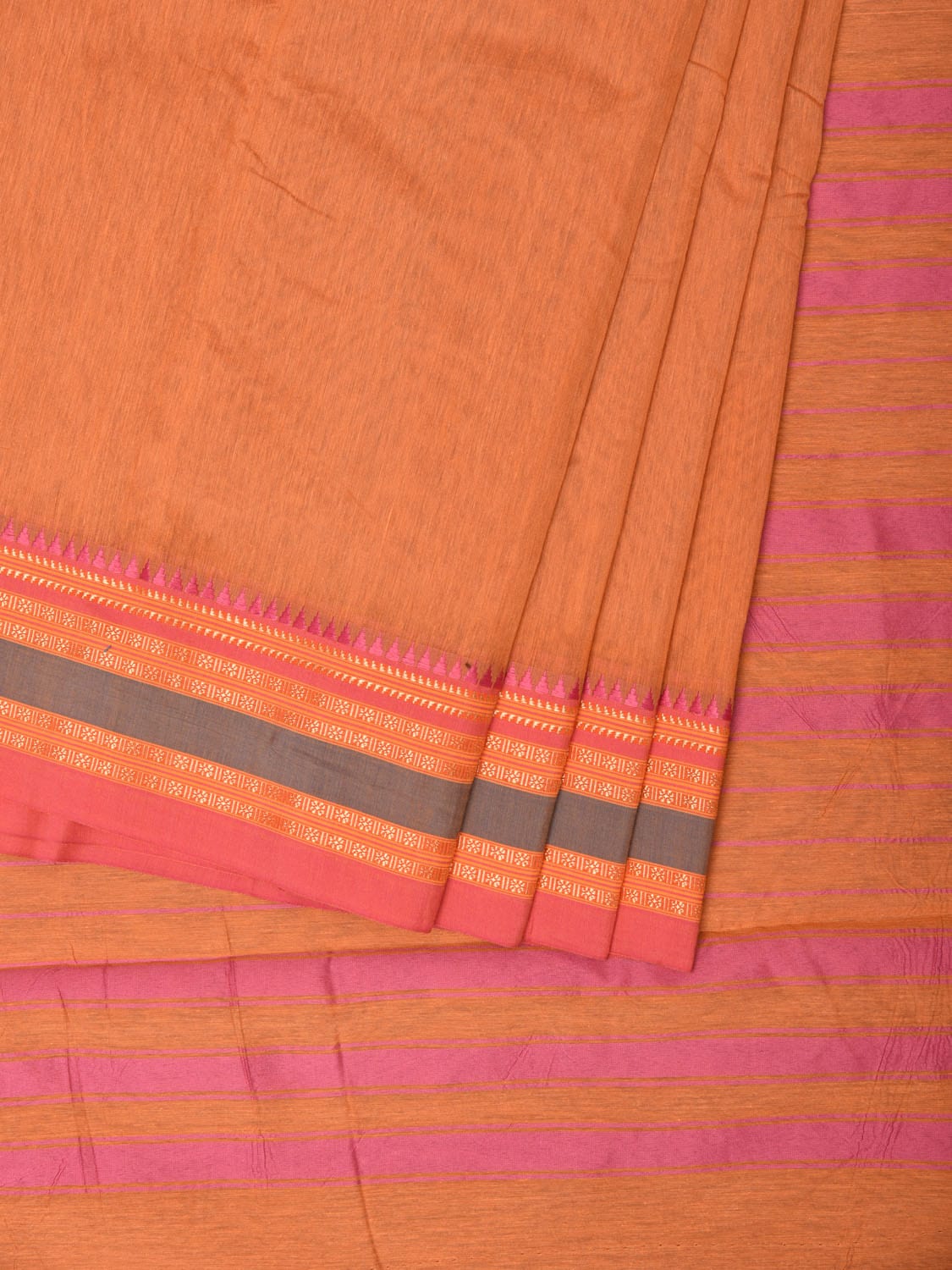 Peach Bamboo Cotton Plain Saree with Border Design No Blouse - Global Threads - Distacart
