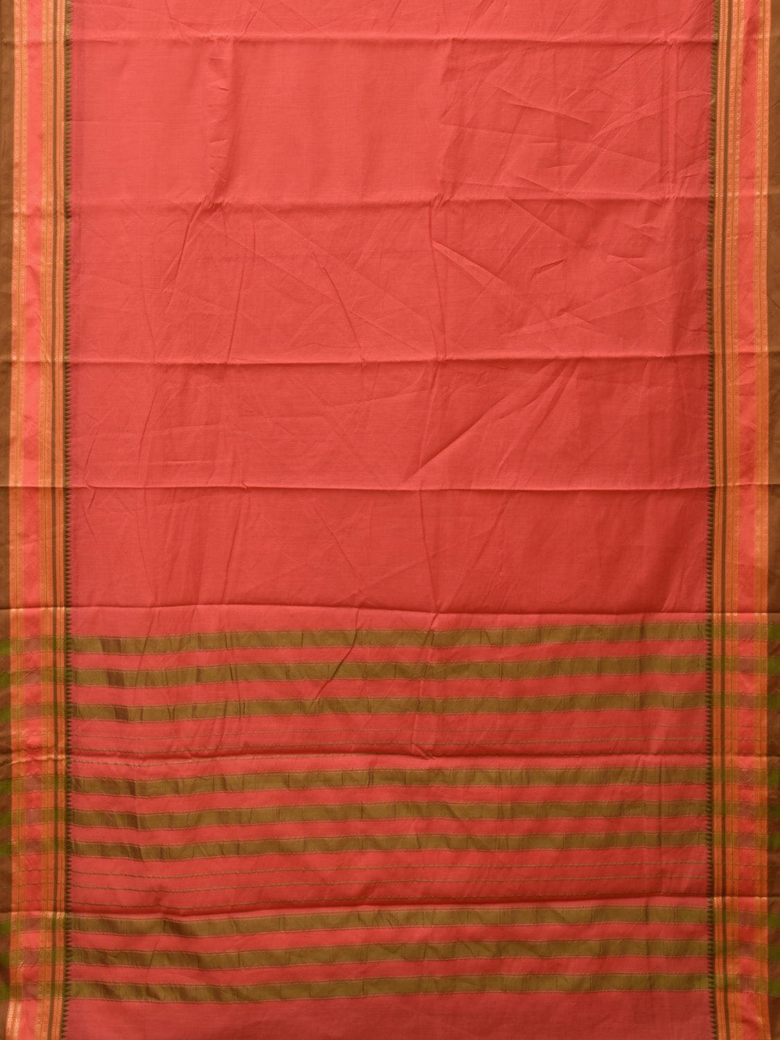 Peach Bamboo Cotton Plain Saree with Strips Pallu Design No Blouse - Global Threads - Distacart