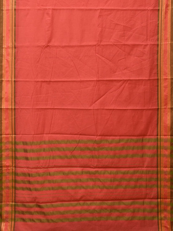 Peach Bamboo Cotton Plain Saree with Strips Pallu Design No Blouse - Global Threads - Distacart