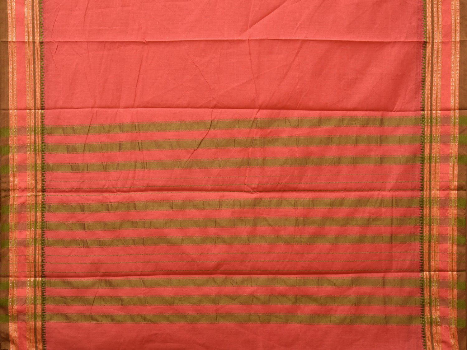 Peach Bamboo Cotton Plain Saree with Strips Pallu Design No Blouse - Global Threads - Distacart