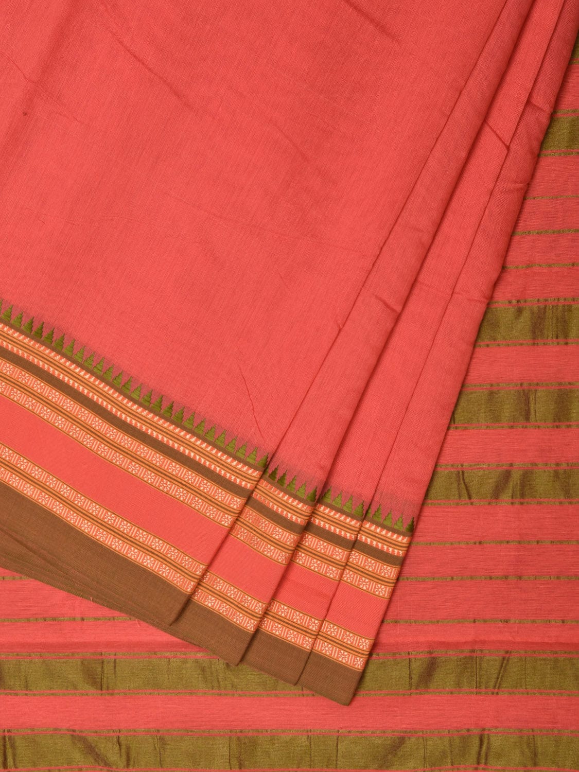 Peach Bamboo Cotton Plain Saree with Strips Pallu Design No Blouse - Global Threads - Distacart