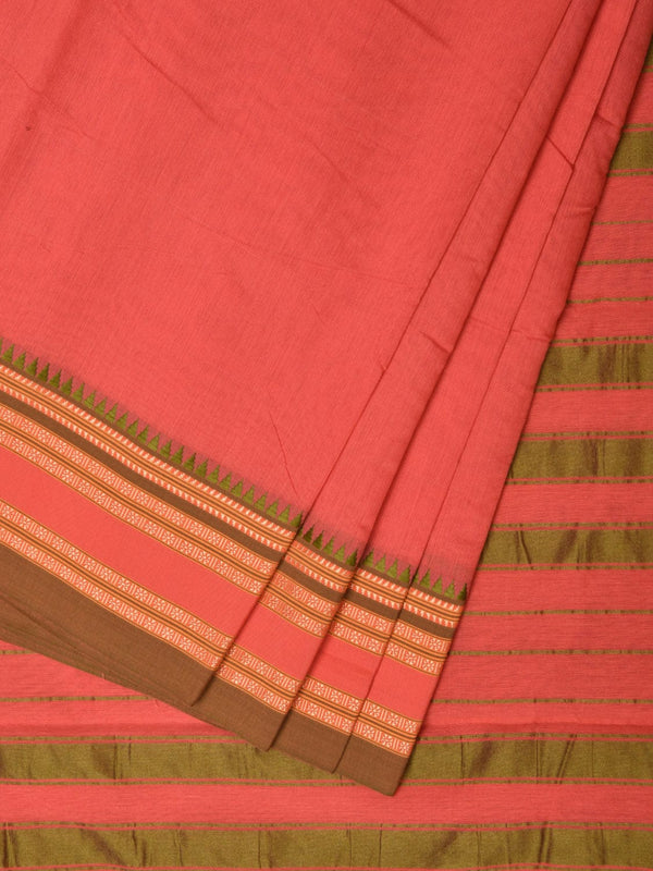 Peach Bamboo Cotton Plain Saree with Strips Pallu Design No Blouse - Global Threads - Distacart
