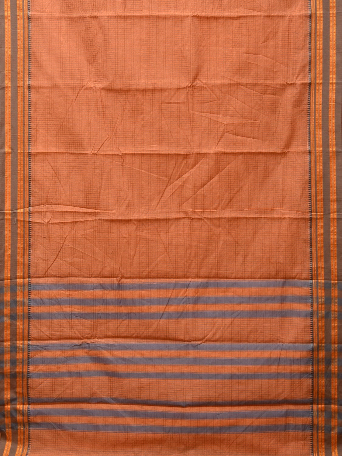 Peach Bamboo Cotton Saree with Checks Design No Blouse - Global Threads - Distacart
