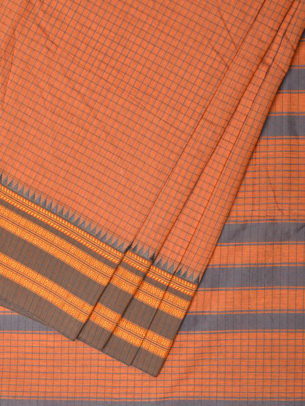 Peach Bamboo Cotton Saree with Checks Design No Blouse - Global Threads - Distacart