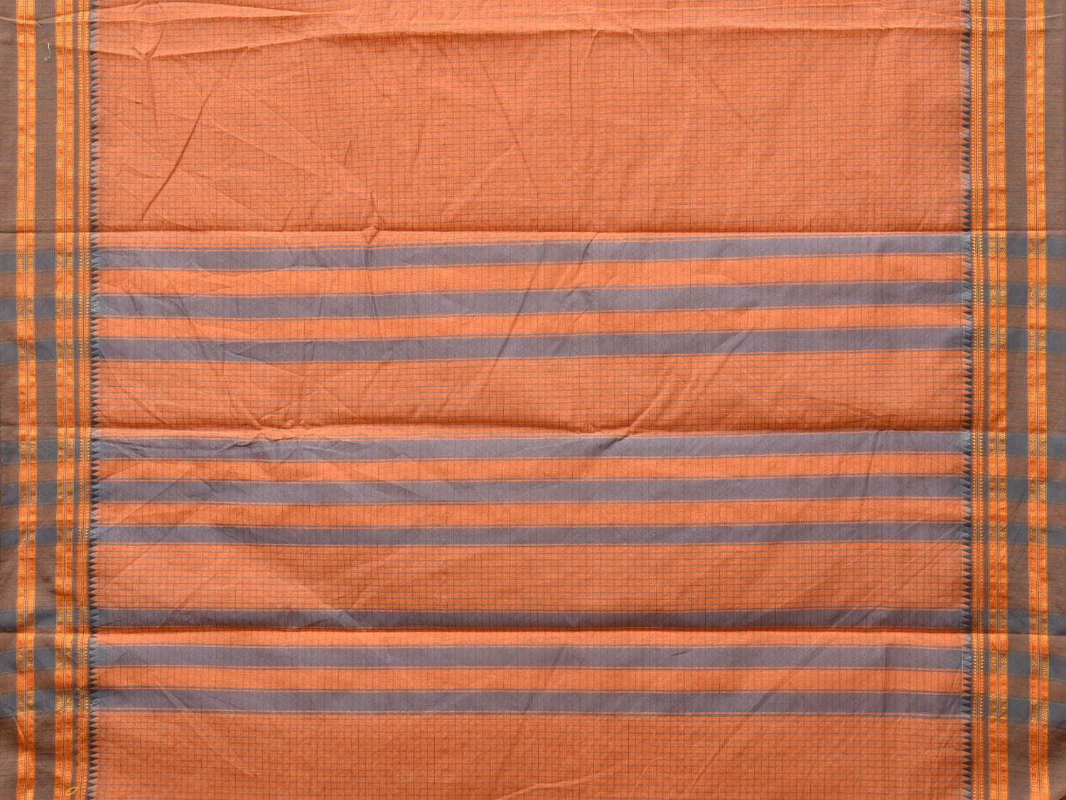 Peach Bamboo Cotton Saree with Checks Design No Blouse - Global Threads - Distacart