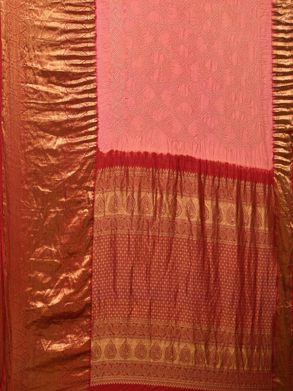 Peach Bandhani Kanchipuram Silk Handloom Saree with Pallu and Border Design - Global Threads - Distacart