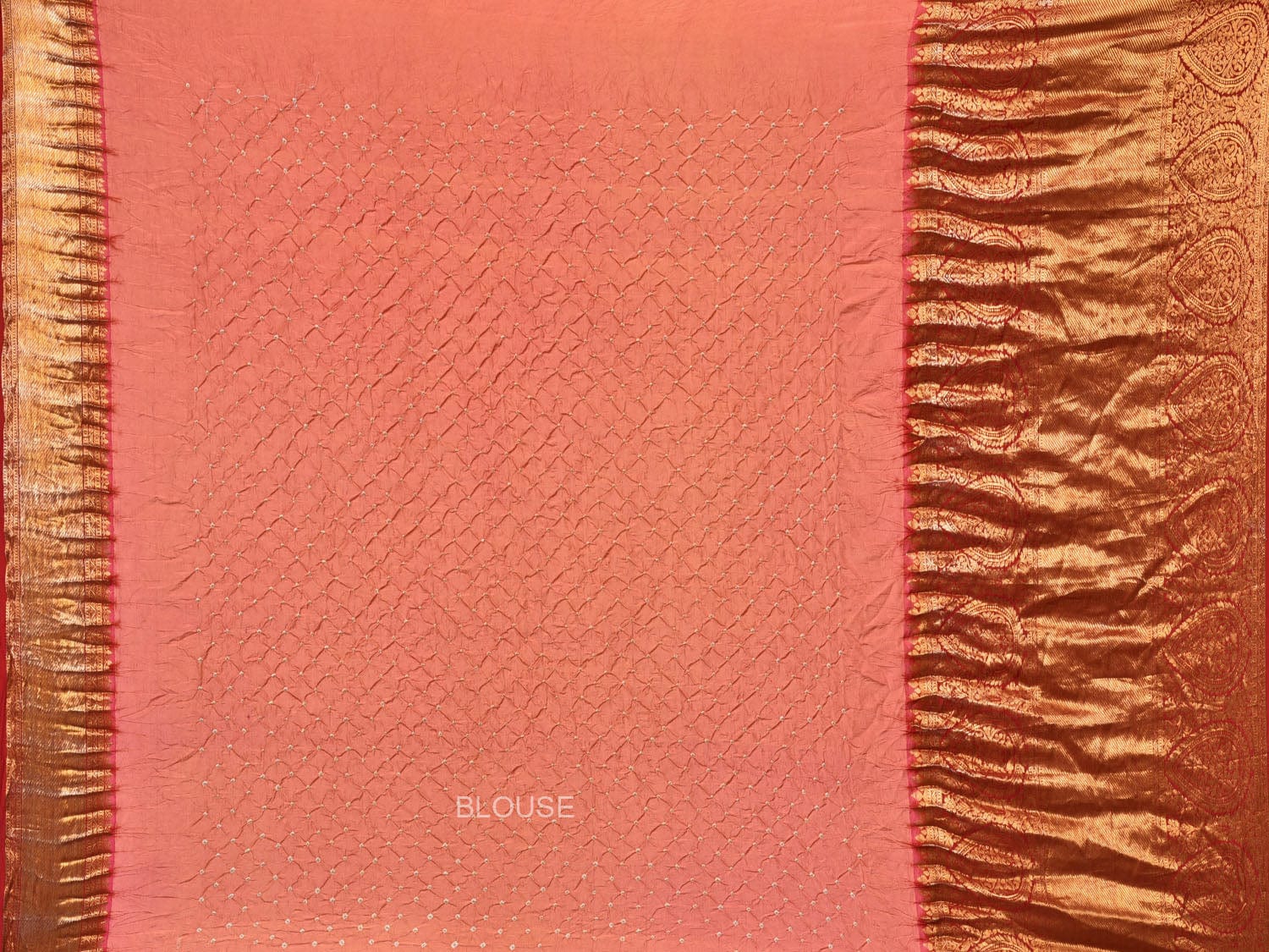 Peach Bandhani Kanchipuram Silk Handloom Saree with Pallu and Border Design - Global Threads - Distacart