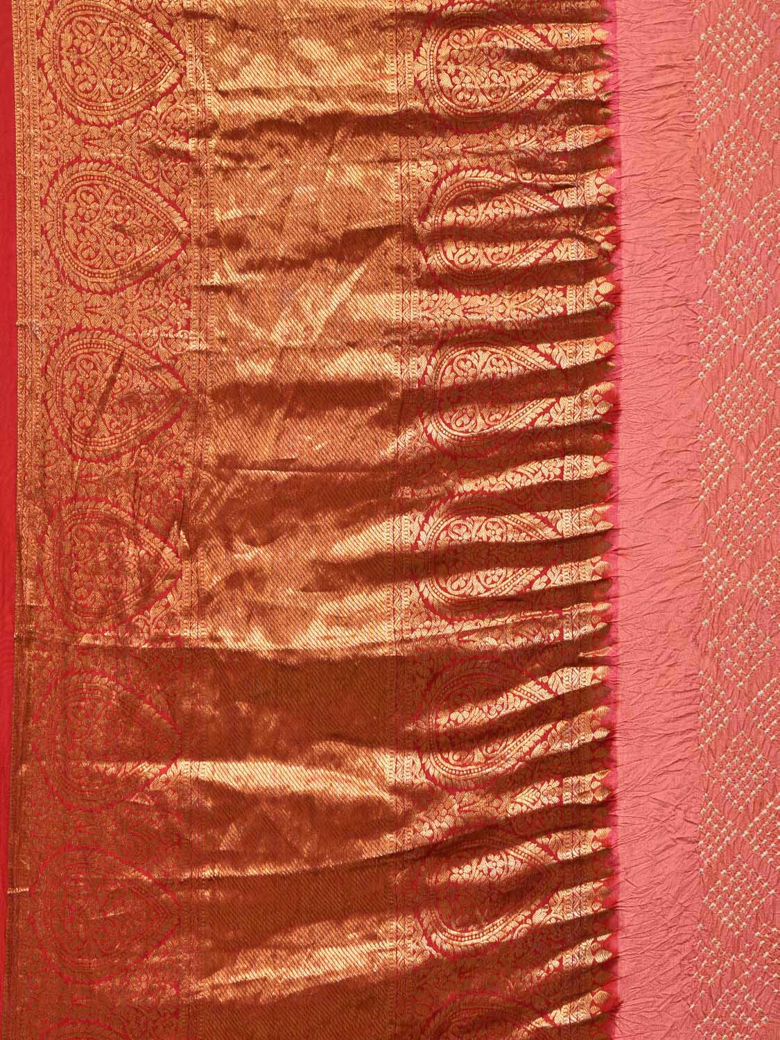 Peach Bandhani Kanchipuram Silk Handloom Saree with Pallu and Border Design - Global Threads - Distacart