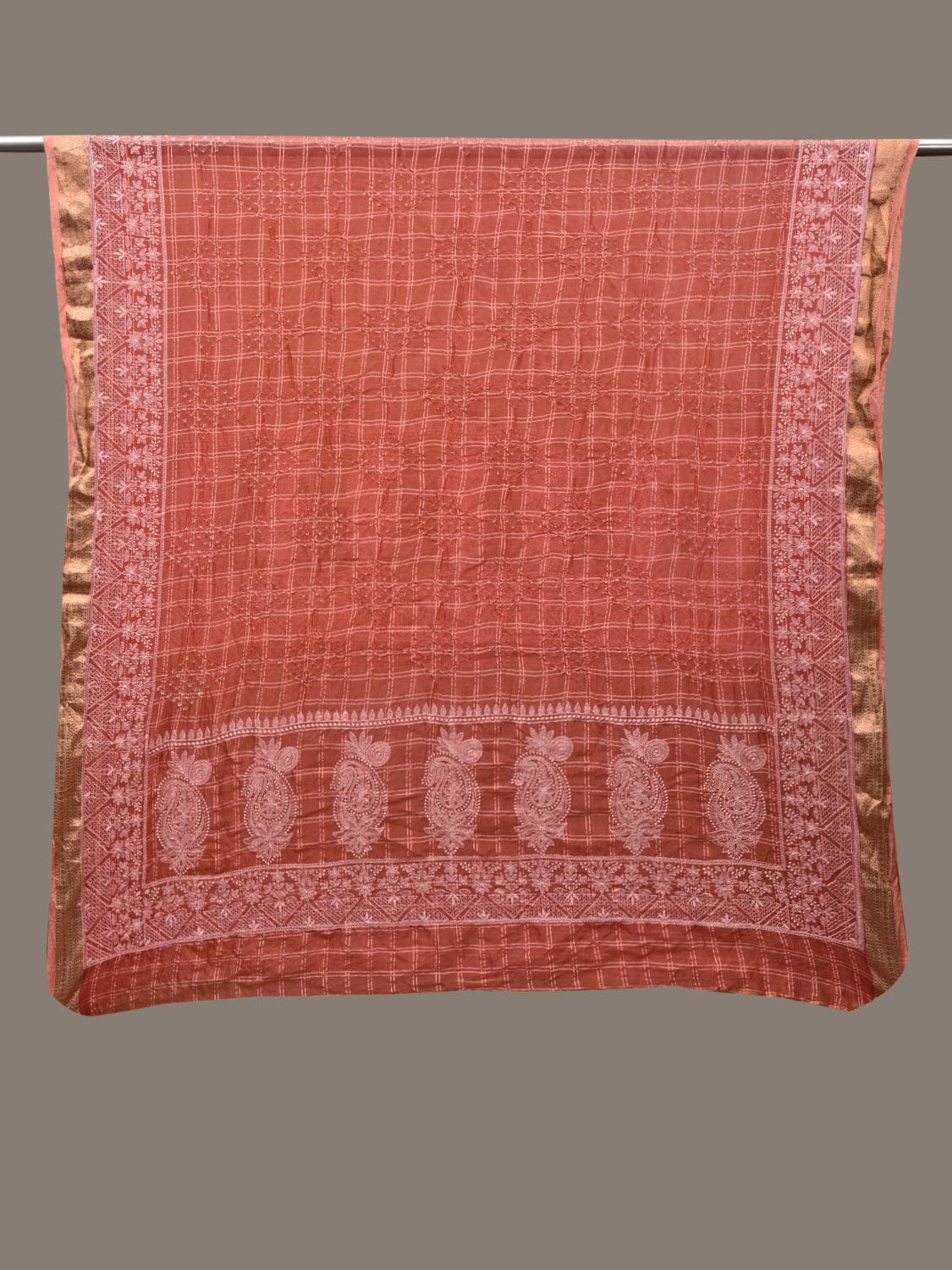 Peach Bandhani Silk Handloom Dupatta with Mango and Border Design - Global Threads - Distacart