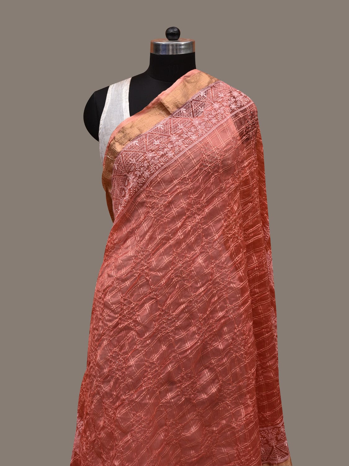 Peach Bandhani Silk Handloom Dupatta with Mango and Border Design - Global Threads - Distacart