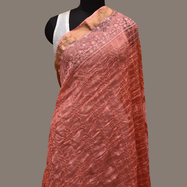 Peach Bandhani Silk Handloom Dupatta with Mango and Border Design - Global Threads - Distacart