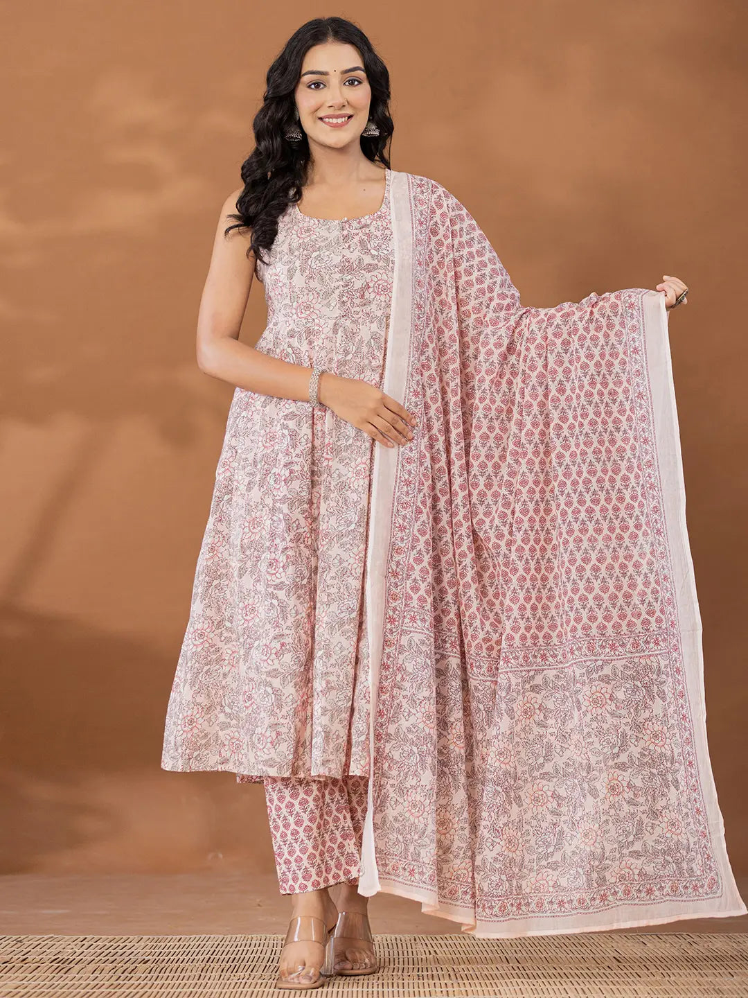Yufta Peach Cotton Anarkali Square Neck Kurta Dupatta Set