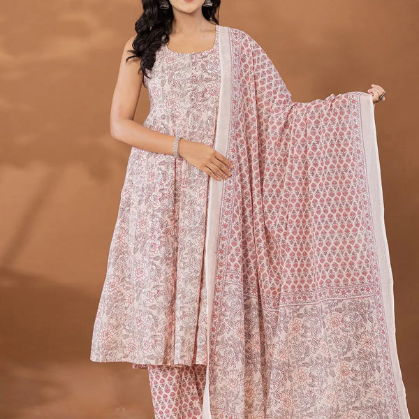 Yufta Peach Cotton Anarkali Square Neck Kurta Dupatta Set - Distacart