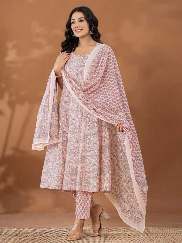 Yufta Peach Cotton Anarkali Square Neck Kurta Dupatta Set