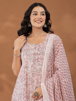 Thumbnail for Yufta Peach Cotton Anarkali Square Neck Kurta Dupatta Set