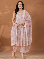 Thumbnail for Yufta Peach Cotton Anarkali Square Neck Kurta Dupatta Set