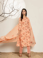 Thumbnail for Yufta Peach Cotton Floral Print Kurta Dupatta Set