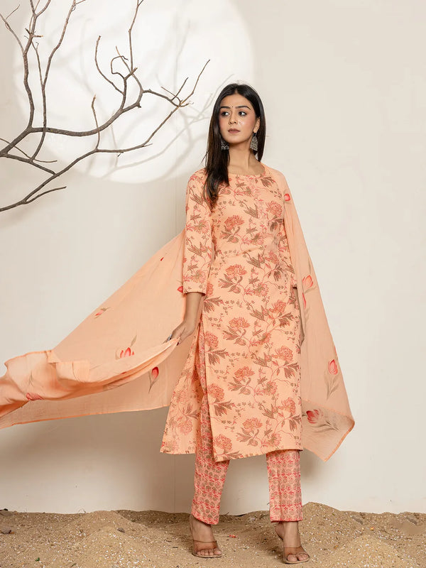 Yufta Peach Cotton Floral Print Kurta Dupatta Set
