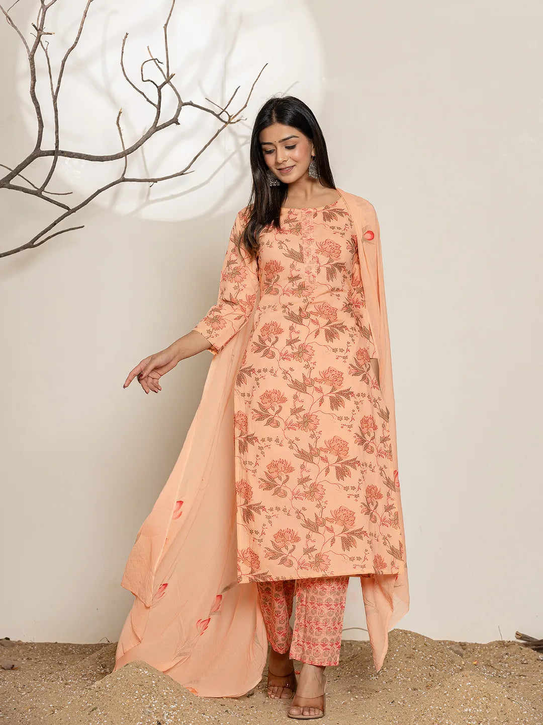 Yufta Peach Cotton Floral Print Kurta Dupatta Set - Distacart