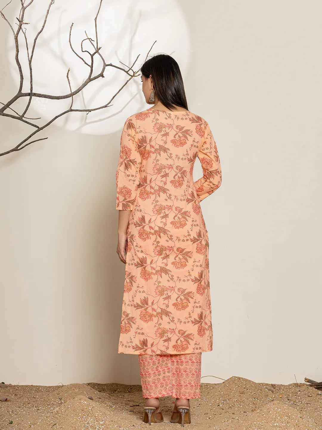 Yufta Peach Cotton Floral Print Kurta Dupatta Set
