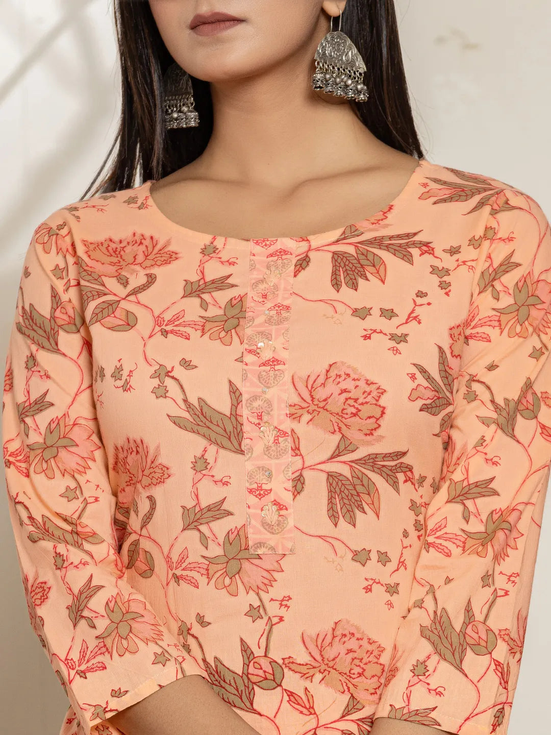 Yufta Peach Cotton Floral Print Kurta Dupatta Set