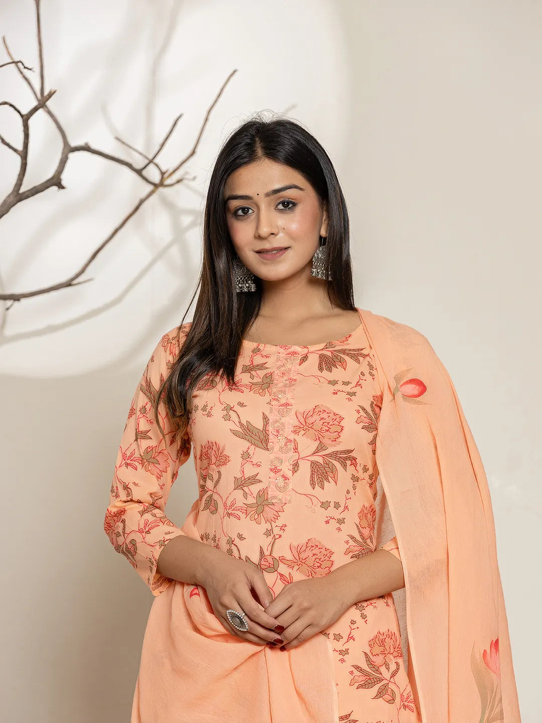 Yufta Peach Cotton Floral Print Kurta Dupatta Set