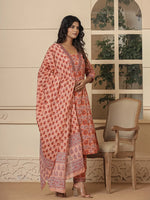 Thumbnail for Yufta Peach Cotton Sequins_Work Kurta Dupatta Set