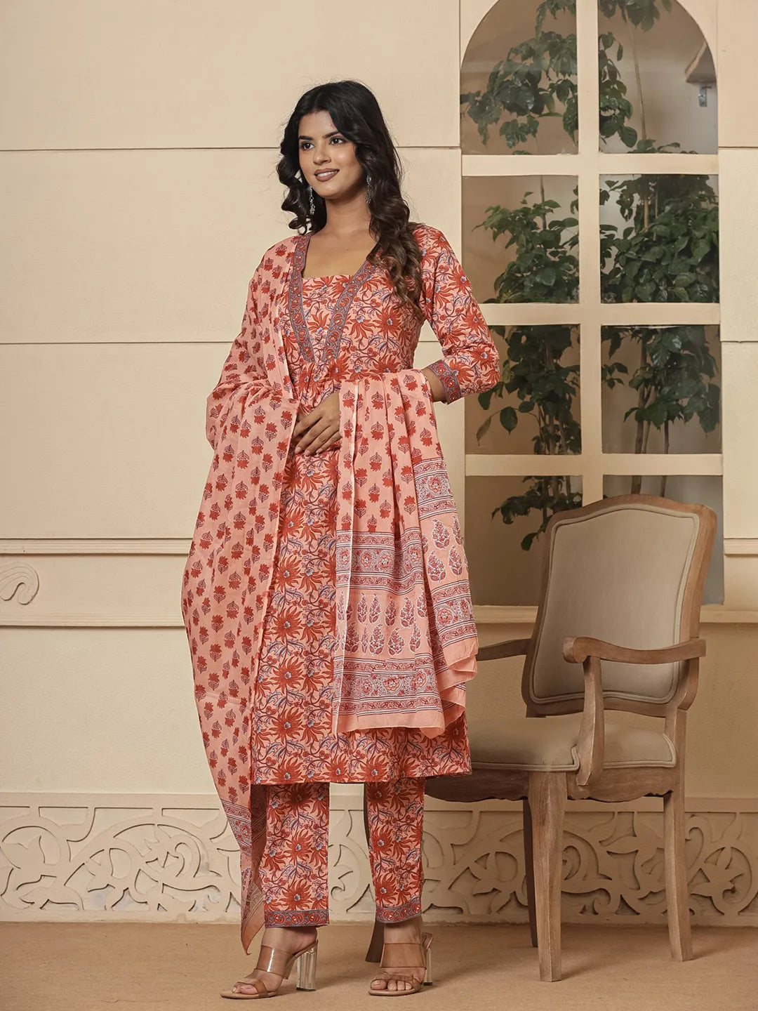 Yufta Peach Cotton Sequins_Work Kurta Dupatta Set - Distacart