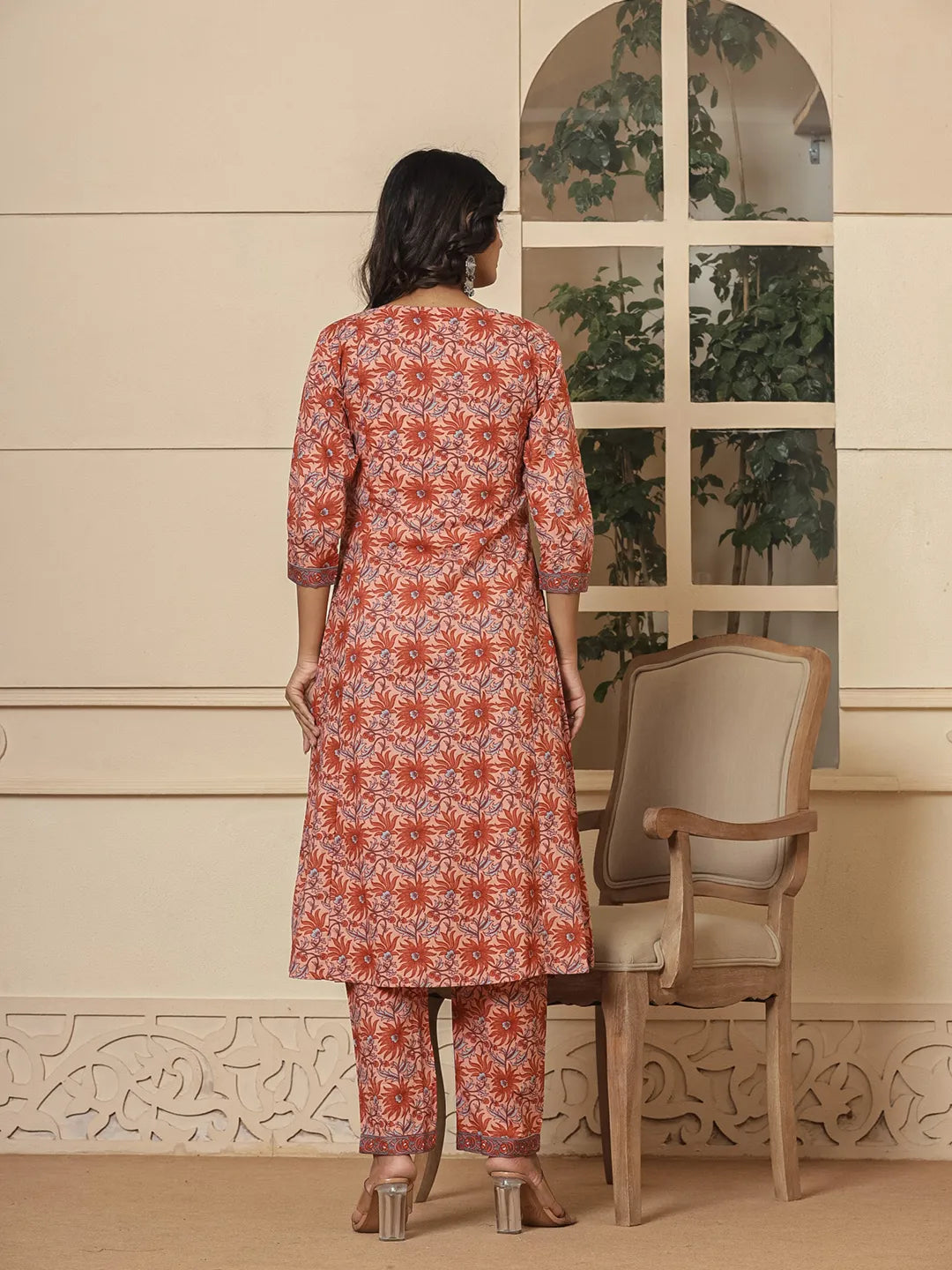 Yufta Peach Cotton Sequins_Work Kurta Dupatta Set - Distacart