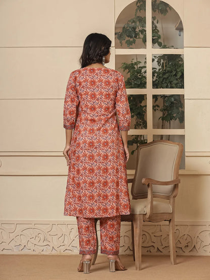 Yufta Peach Cotton Sequins_Work Kurta Dupatta Set - Distacart
