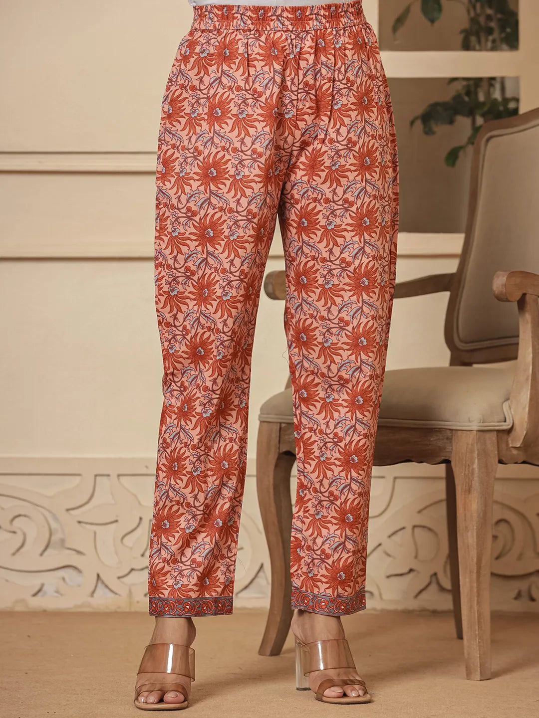 Yufta Peach Cotton Sequins_Work Kurta Dupatta Set