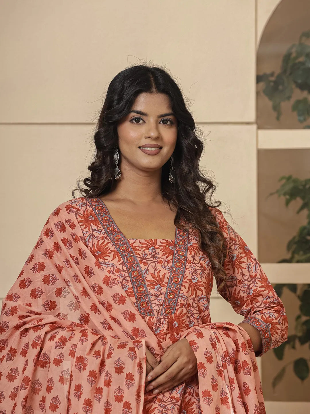 Yufta Peach Cotton Sequins_Work Kurta Dupatta Set - Distacart