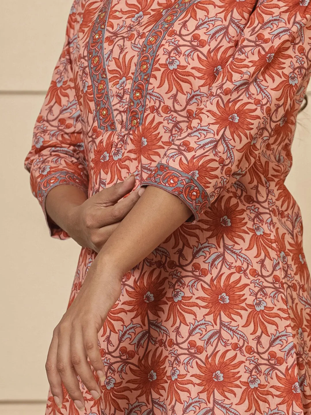 Yufta Peach Cotton Sequins_Work Kurta Dupatta Set