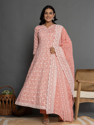 Yufta Peach Cotton Silk Embroidered Anarkali Kurta Dupatta Set - Distacart