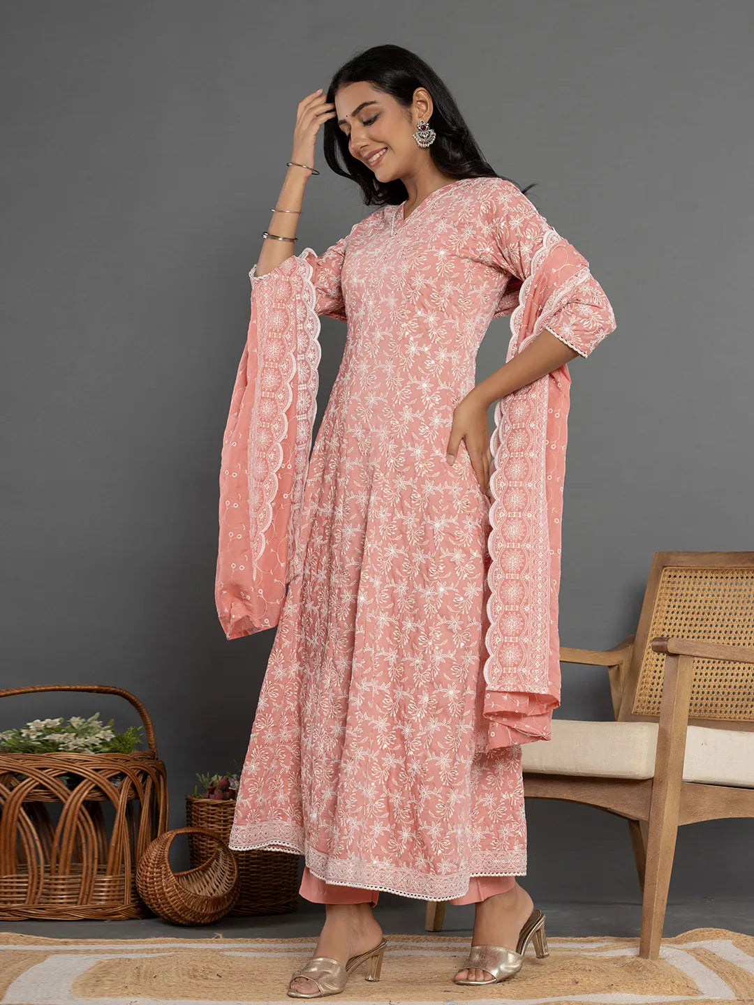 Yufta Peach Cotton Silk Embroidered Anarkali Kurta Dupatta Set - Distacart