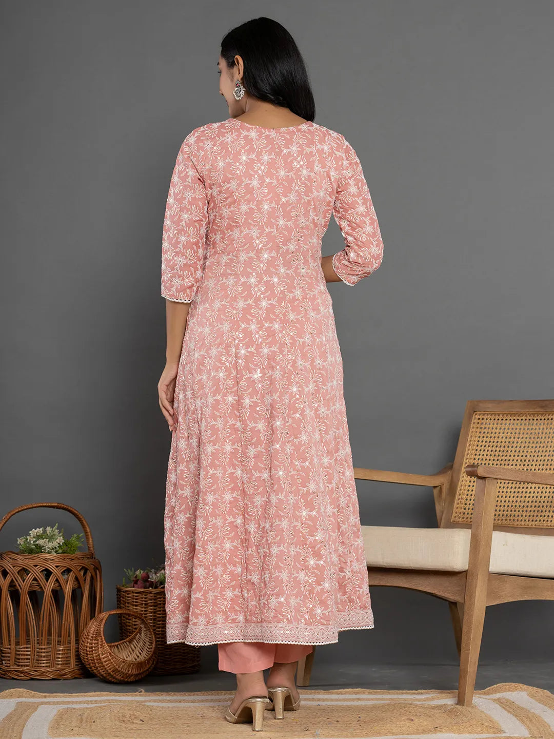 Yufta Peach Cotton Silk Embroidered Anarkali Kurta Dupatta Set - Distacart