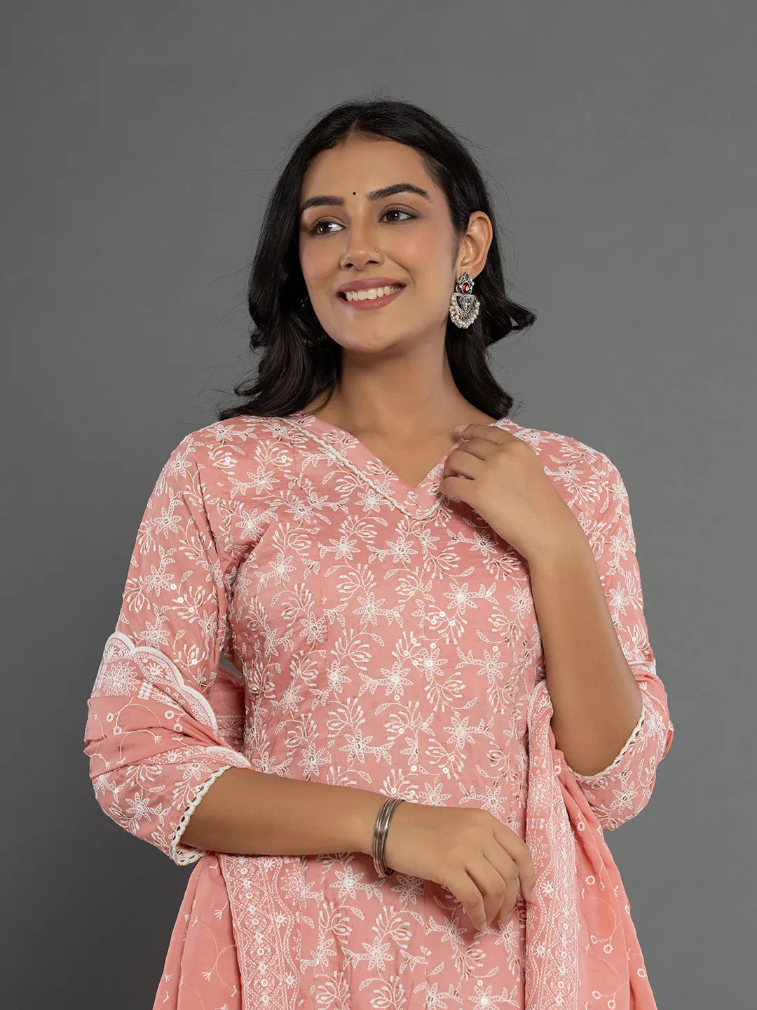 Yufta Peach Cotton Silk Embroidered Anarkali Kurta Dupatta Set - Distacart