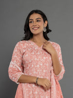 Thumbnail for Yufta Peach Cotton Silk Embroidered Anarkali Kurta Dupatta Set - Distacart