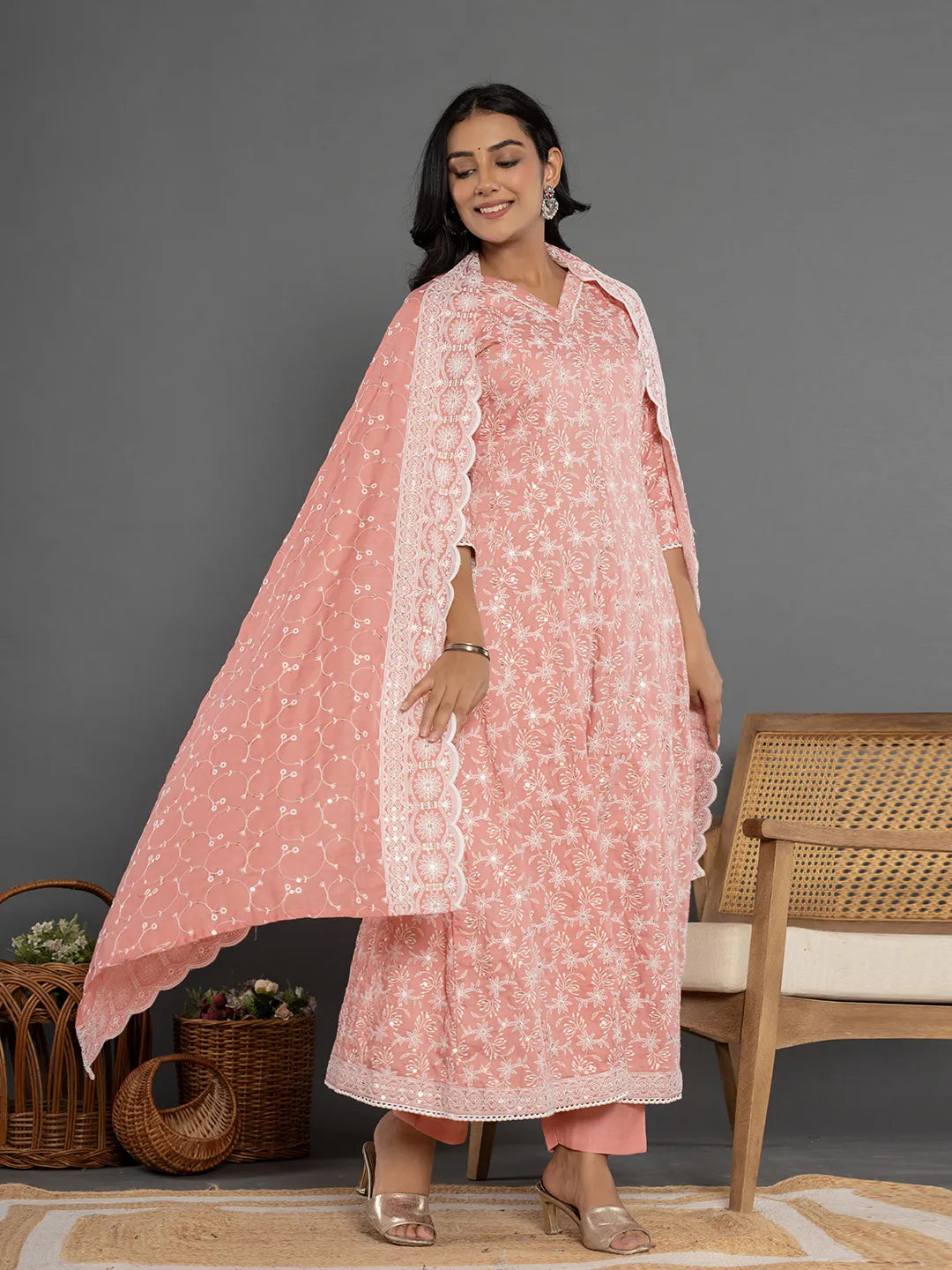 Yufta Peach Cotton Silk Embroidered Anarkali Kurta Dupatta Set - Distacart