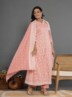 Thumbnail for Yufta Peach Cotton Silk Embroidered Anarkali Kurta Dupatta Set - Distacart