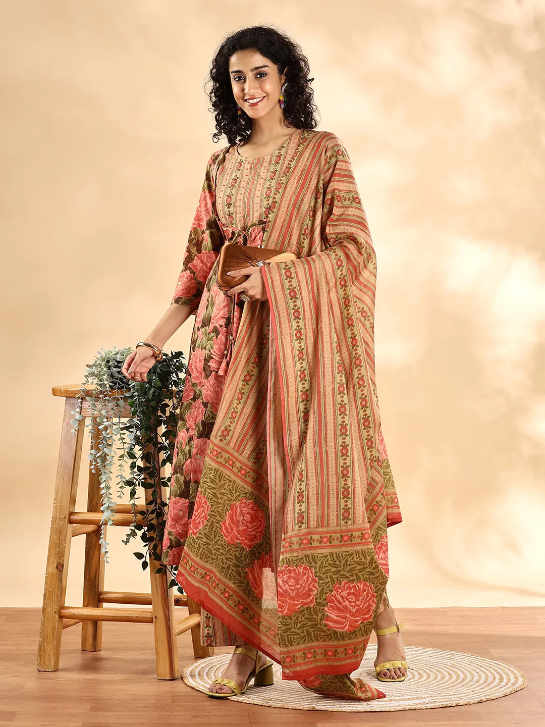 Yufta Peach Floral Print Sequins Work Anarkali Kurta And Trouser With Dupatta Set - Distacart