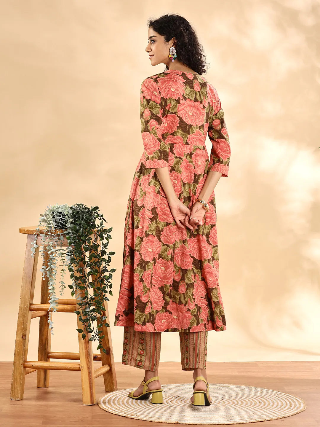 Yufta Peach Floral Print Sequins Work Anarkali Kurta And Trouser With Dupatta Set