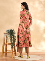 Thumbnail for Yufta Peach Floral Print Sequins Work Anarkali Kurta And Trouser With Dupatta Set