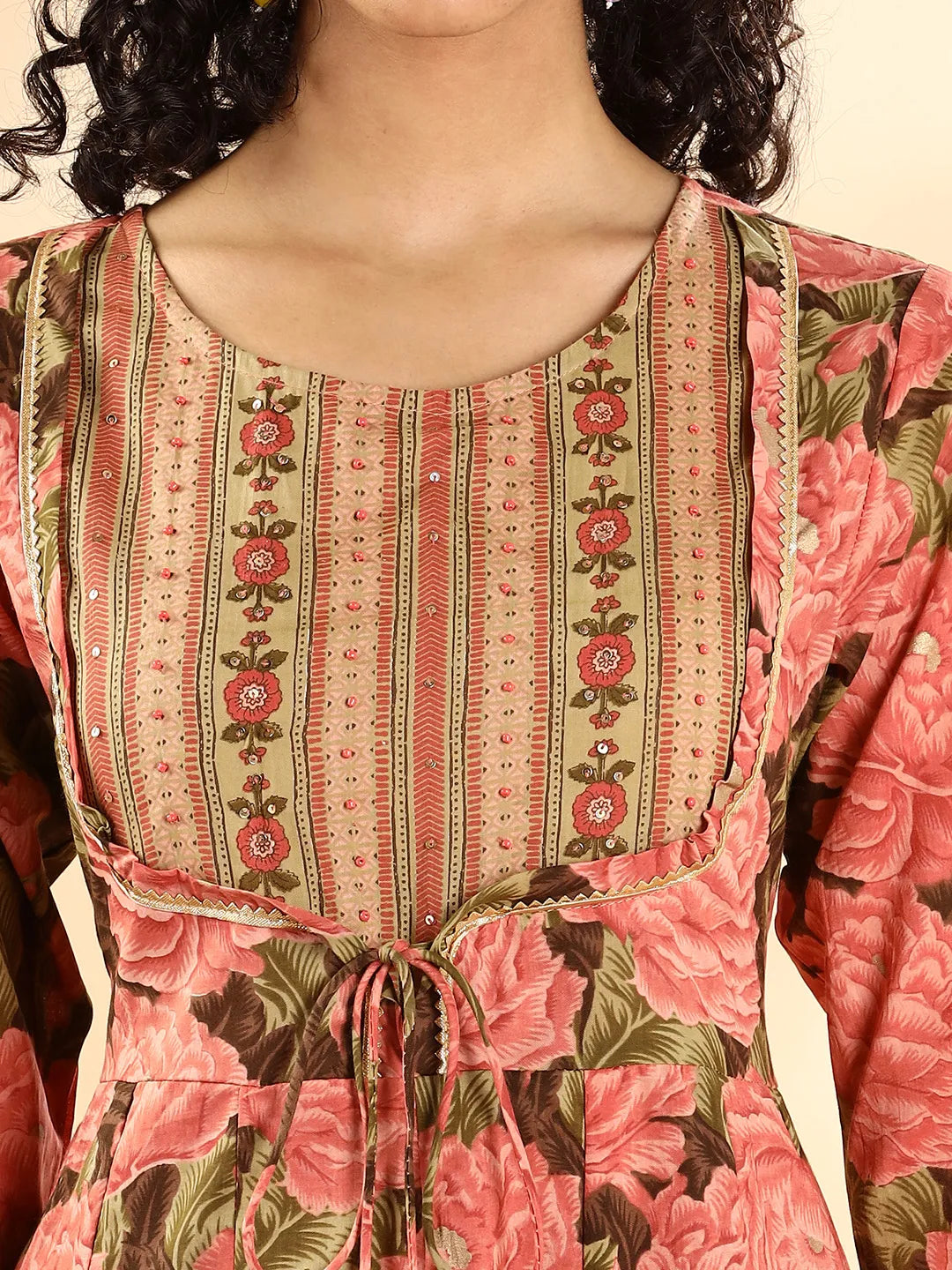 Yufta Peach Floral Print Sequins Work Anarkali Kurta And Trouser With Dupatta Set