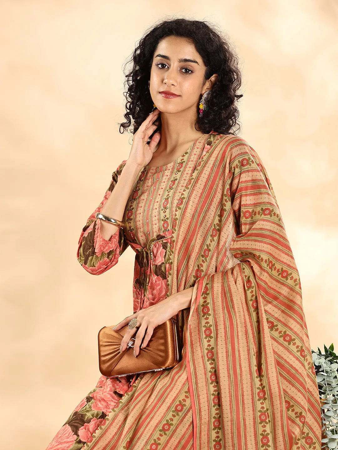 Yufta Peach Floral Print Sequins Work Anarkali Kurta And Trouser With Dupatta Set