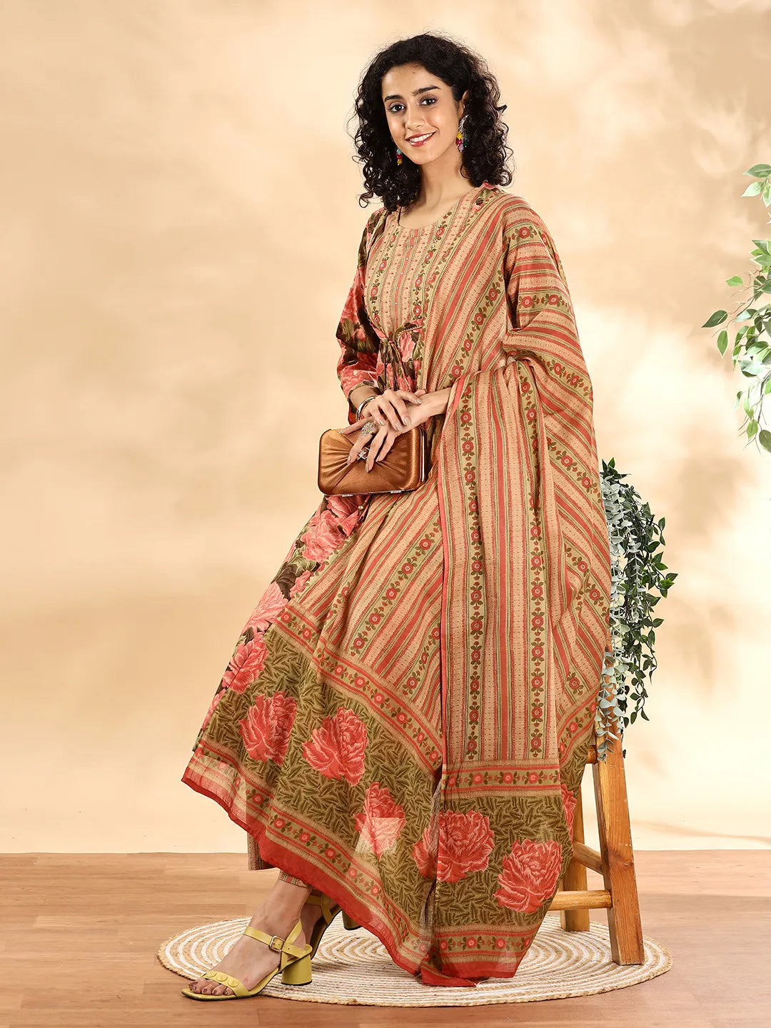Yufta Peach Floral Print Sequins Work Anarkali Kurta And Trouser With Dupatta Set