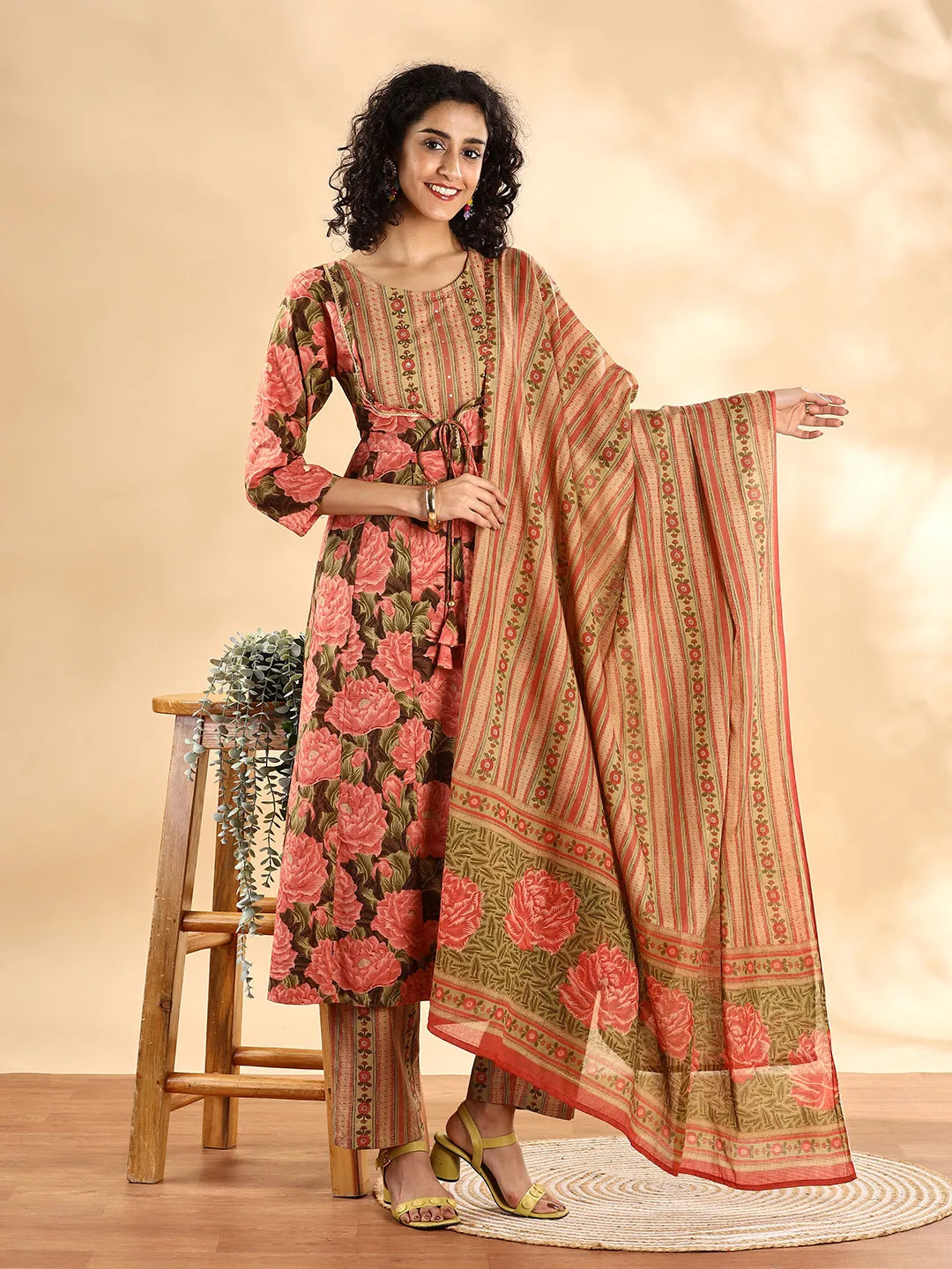 Yufta Peach Floral Print Sequins Work Anarkali Kurta And Trouser With Dupatta Set