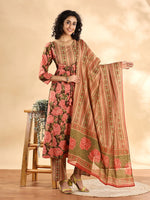 Thumbnail for Yufta Peach Floral Print Sequins Work Anarkali Kurta And Trouser With Dupatta Set