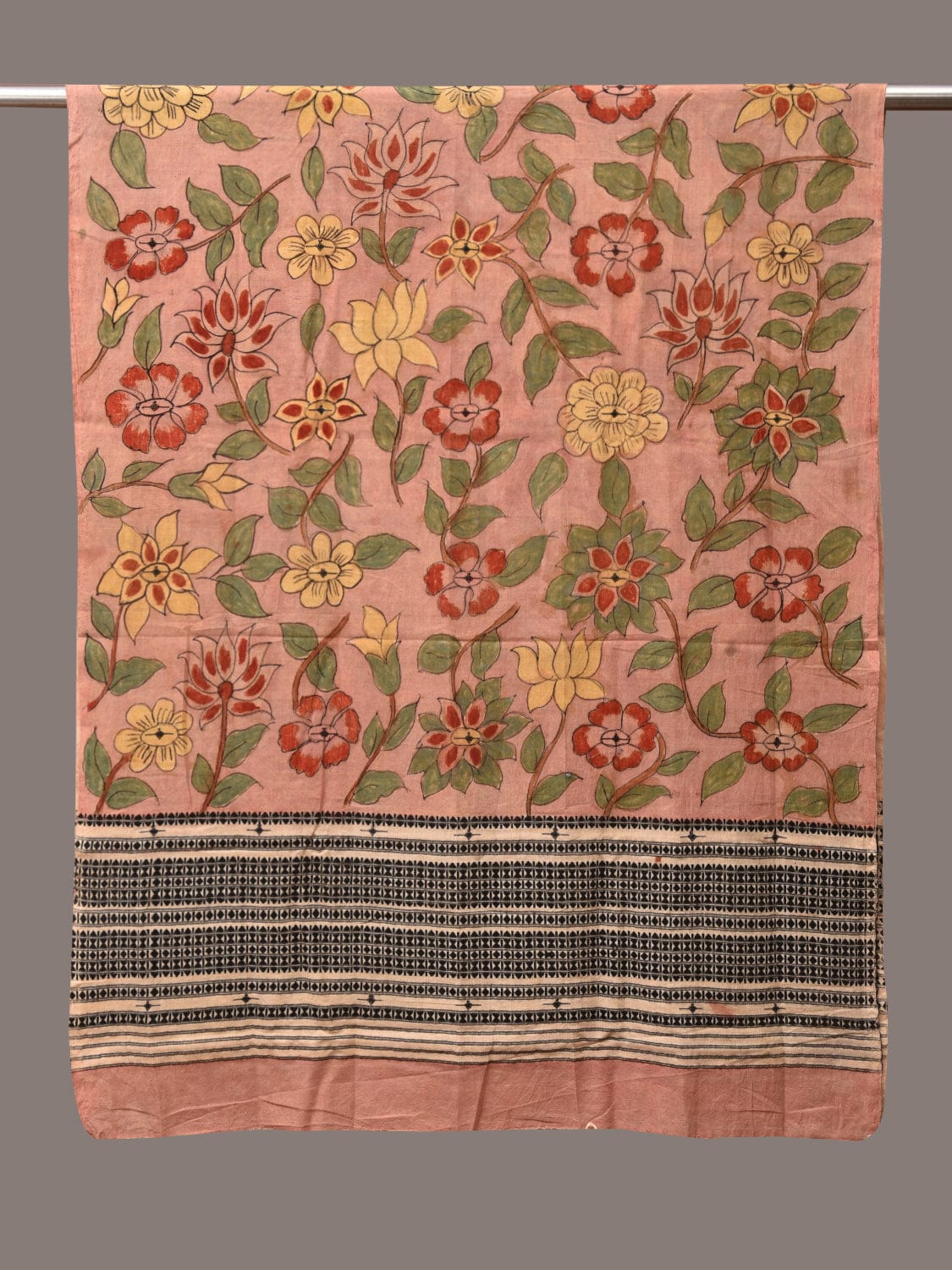Peach Kalamkari Hand Painted Cotton Bhujodi Handloom Dupatta with Floral Design - Global Threads - Distacart