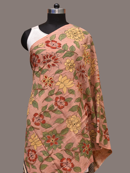 Peach Kalamkari Hand Painted Cotton Bhujodi Handloom Dupatta with Floral Design - Global Threads - Distacart